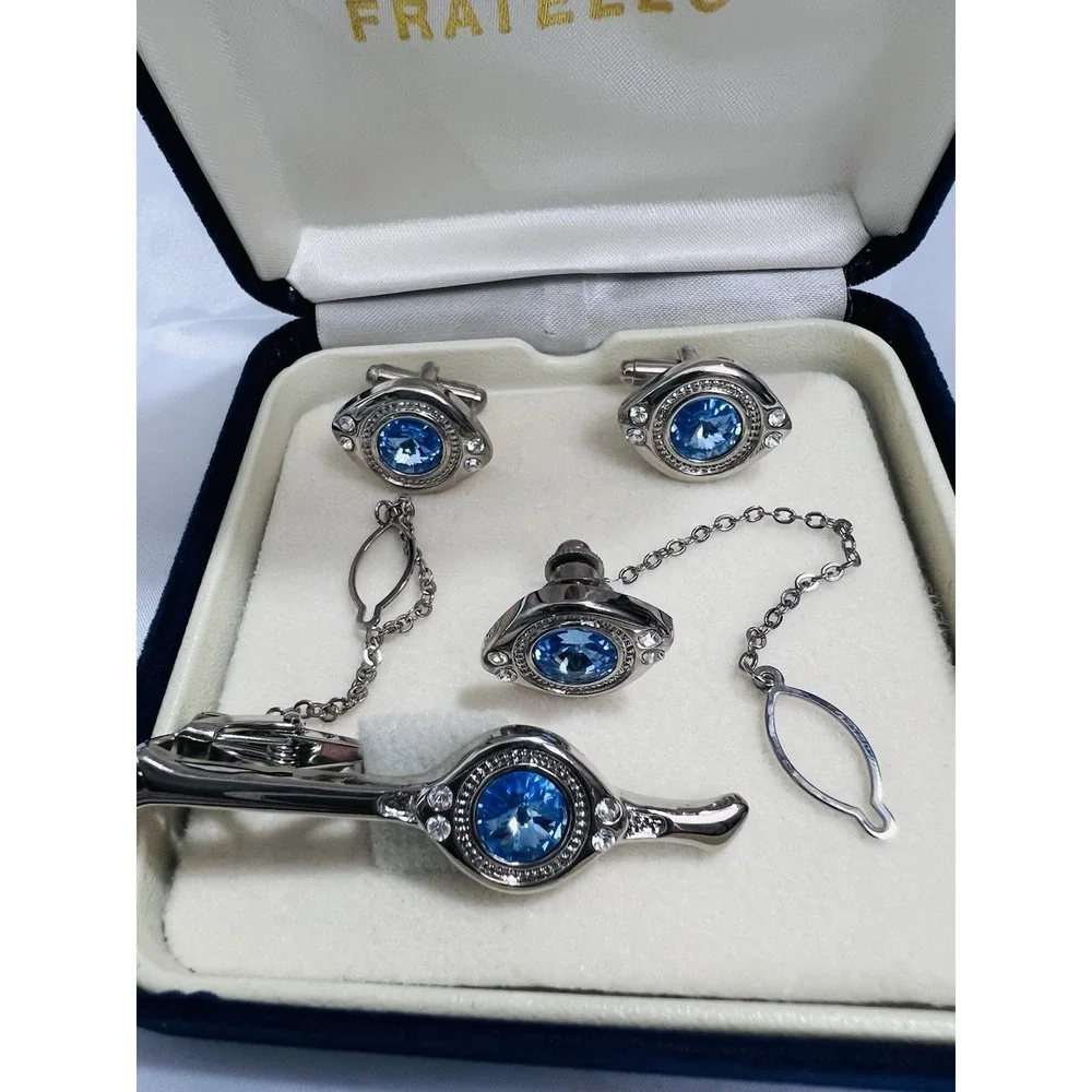 Vintage Fratello Cufflinks & Tie Bar Set Silver Tone Blue Accent Classic Elegant